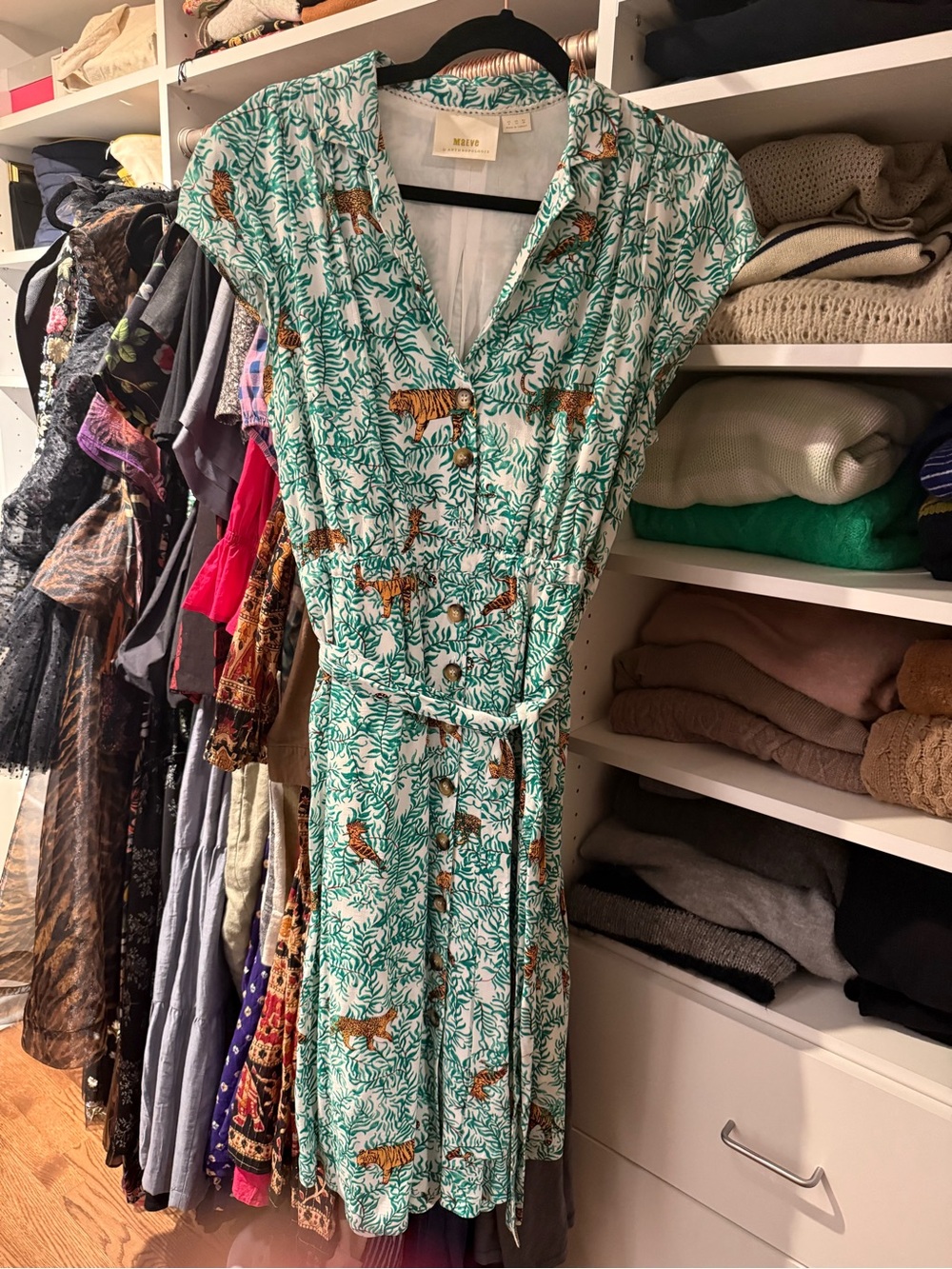 Anthropologie Green and White Tiger Print Shirt Dress